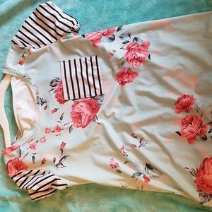 Floral and Striped Top with Pocket